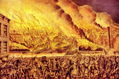 What did rumors at the time say caused the Great Chicago Fire?